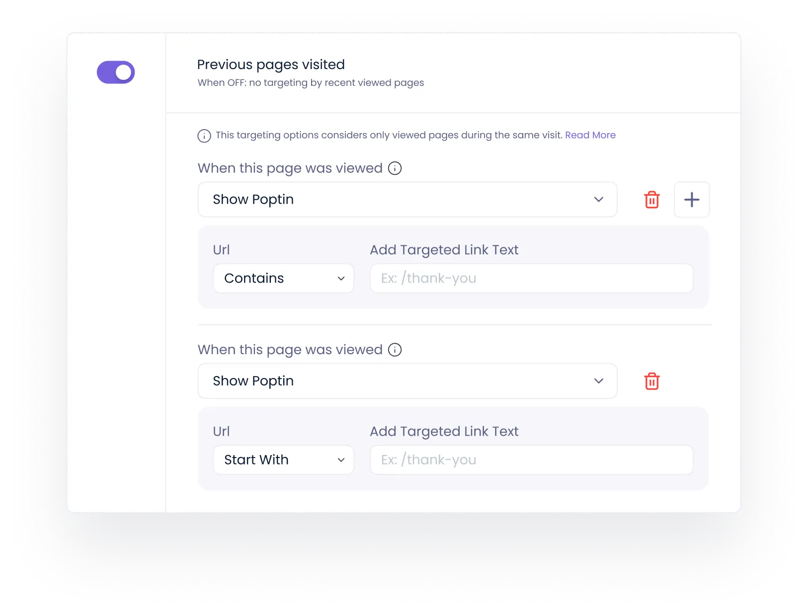 Quick and easy setup for previous page visited targeting